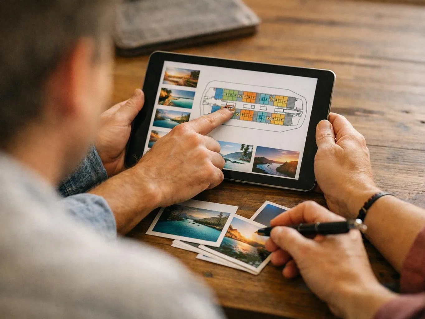 Two people study a tablet showing a ship layout while sorting printed beach photos on a wooden table