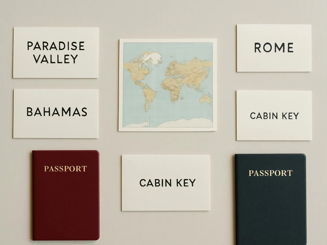 A wall display shows a world map, destination cards, and two passports on a light background