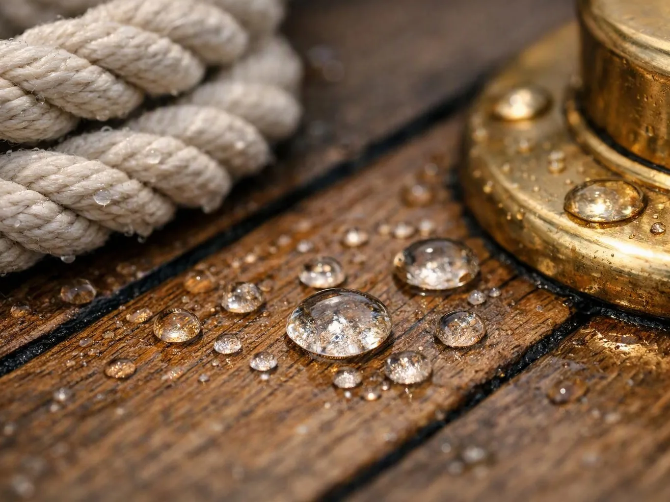 Water droplets rest on wet wooden planks beside a thick rope and brass fitting