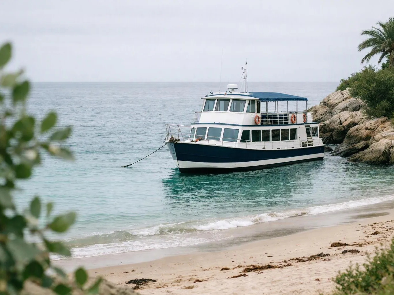 A white and blue boat floats near a sandy beach beside rocky shore and palm trees