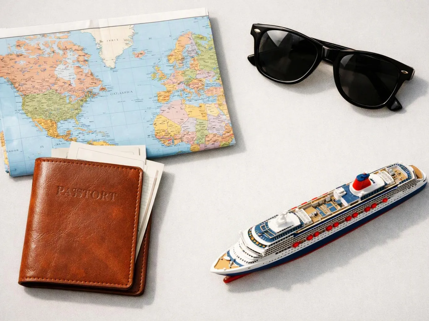A world map, sunglasses, a passport wallet, and a toy cruise ship sit on a white surface